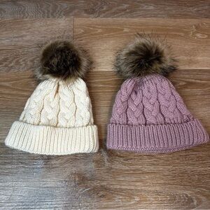 Baby Girl Size 6-12 Months BUNDLE (2) Faux-Fur Pom-Pom Winter Beanie Hat